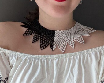 Black and White Beaded Collar Necklace, Two Tone Lace Statement Choker, Gothic Wedding Jewelry, Split Color Geometric Beadwork, Gift for Her