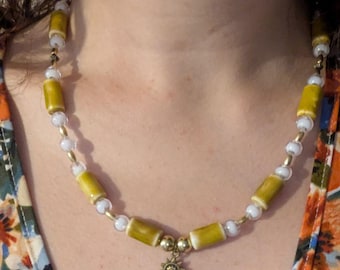 Ochre Yellow Beaded Choker - Ukrainian Boho Sun Charm Necklace, Valentine's Day Gift for Her