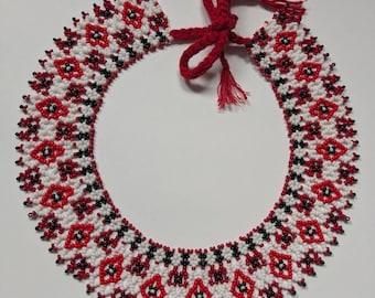 Handwoven Ukrainian Sylyanka Choker, Red Black White Beaded Necklace