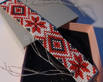 Handmade Loom Beaded Bracelet, Ukrainian Style Geometric Pattern, Red Black and White Folk Art Jewelry, Wide Cuff Hand Weaving Gift for Her