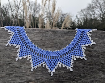 Blue and White Sylianka Beaded Necklace - Traditional Ukrainian Jewelry - Handmade Seed Bead Collar - Folk Style Statement Choker