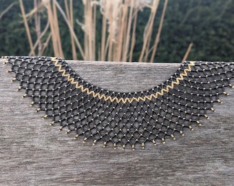 Hand-Woven Beaded Collar Necklace Sylyanka, Detachable Lace Choker, Black Gold Statement Bib