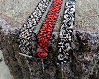 Geometric Seed Bead Bracelet, Wide Loom Beaded Cuff, Boho Tribal Jewelry, Handmade Native Inspired Wristband, Ukrainian Gift for Her