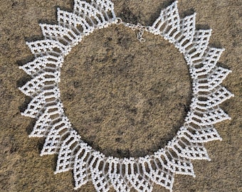 White Seed Bead Lace Choker, Victorian Bridal Collar, Hand-Woven Wedding Jewelry