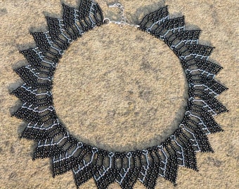 Black Seed Bead Lace Choker, Victorian Style Pointed Fringe Collar, Wedding Jewelry