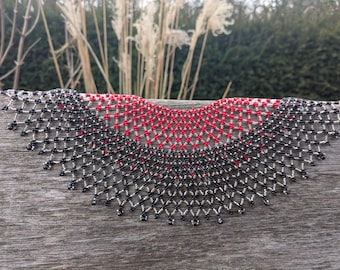 Bohemian Beaded Handmade Lace Collar Necklace, Intricate Netting Statement Choker, Valentine's Day Gift