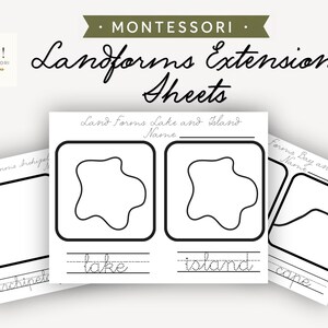May include: A set of Montessori Landforms Extension Sheets featuring white paper with black outlines of geographical shapes. Each sheet includes a square frame for drawing, a name line, and dotted cursive text for tracing words like lake, island, and cape.