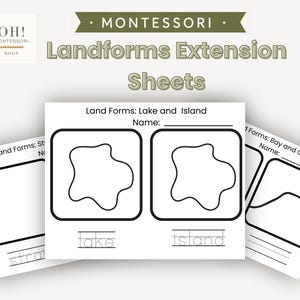 Op de afbeelding: Een set witte educatieve werkbladen getiteld Montessori Landforms Extension Sheets. De pagina's bevatten zwarte lijntekeningen van landvormen zoals meren, eilanden, baaien en kapen met lege ruimtes voor namen en oefeningen.