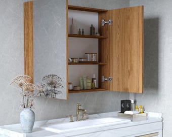 Armario de baño con espejo de pared, armario de madera con espejo, botiquín moderno, organizador de baño.