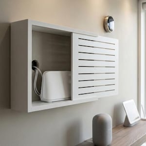 May include: A white, wall-mounted cabinet with a sliding, slatted door. Inside, a white electronic device is visible, with cables extending through a hole in the wall. A smart thermostat and other devices are on a nearby shelf.