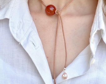 Leather Agate and Pearl Chocker Necklace