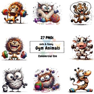 Può includere: Illustrazioni di animali dei cartoni animati a tema palestra. Gli animali includono un leone che solleva pesi, un gatto con manubri e filo, una tigre che salta la corda, una mucca che solleva pesi, un gufo con un kettlebell, una creatura pelosa con manubri e filo e una giraffa. Testo: "27 PNGs, cute & funny Gym Animals, Commercial Use."