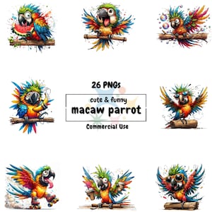 May include: A collection of colorful macaw parrot PNG images. The parrots are depicted in various poses, some with sunglasses, roller skates, or holding a coffee cup. The text reads "26 PNGs cute & funny macaw parrot Commercial Use."