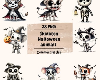 Watercolor Skeleton Animal Clipart | Halloween PNG Bundle (Commercial Use)