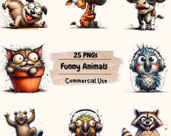 Clipart di animali divertenti / Pacchetto PNG di animali divertenti / Illustrazioni di cartoni animati ad acquerello / Uso commerciale /