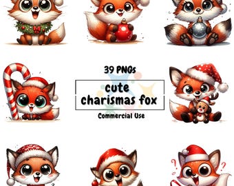 Christmas Fox Clipart | Watercolor Holiday Fox PNG Bundle | Festive Animal Illustrations | Commercial Use |