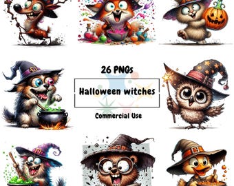 Watercolor Halloween Witches Clipart | Spooky PNG Bundle (Commercial Use)