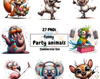 27 Party Animals Clipart Bundle, Watercolor Celebration Animal PNG, Birthday Party Graphics, Commercial Use