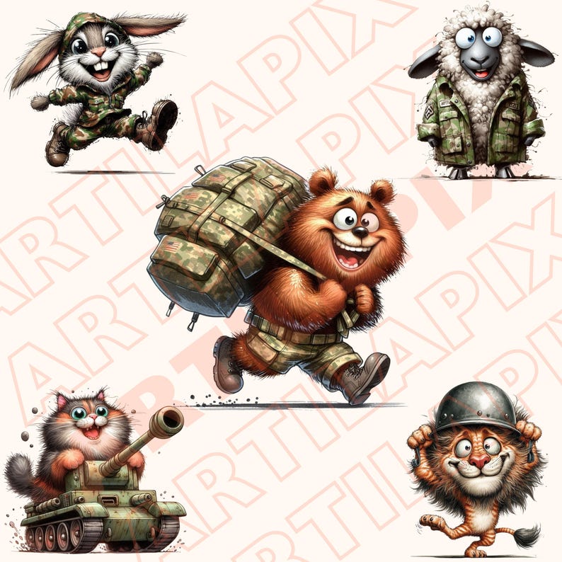 Army Rabbit Color Pages Military Animal Clipart | Watercolor Army PNG Bundle (digital Download ...