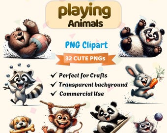 Playing Animals Clipart | Active Animal PNG Bundle | Watercolor Fun Animals Illustration |