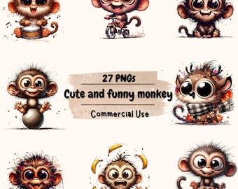 Watercolor Monkey Clipart | 27 Funny PNG Jungle Animals (Commercial Use)