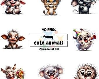 Cute Animals Clipart | Funny Animal PNG Bundle | Commercial Use |