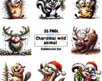 Clipart kerst wilde dieren | Aquarel png-bundel (commercieel gebruik)