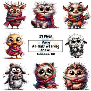 May include: A collection of nine cartoon animals, including a deer, cat, goat, duckling, sheep, penguin, dog, and hedgehog, each wearing a colorful shawl. The image includes the text "34 PNGs funny Animals wearing shawl Commercial Use."