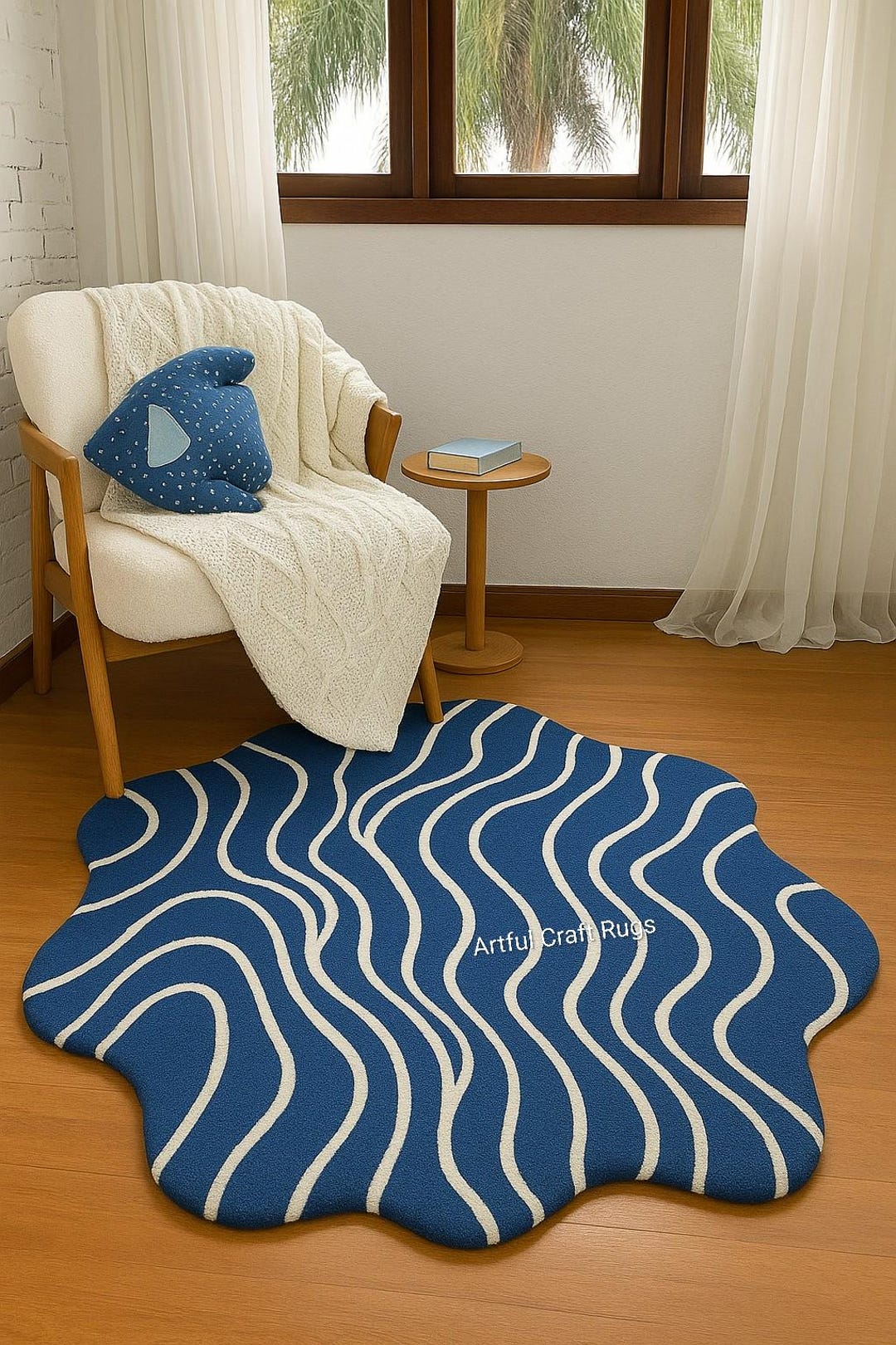 Wavy Blue Abstract Hand Tufted Rug | Modern Irregular Shape Carpet ...