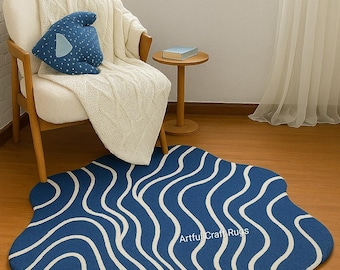 Tappeto in lana annodato a mano / Blu oceano ondulato, tappeto costiero moderno