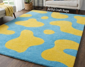 Hand Tufted Wool Rug | Blue & Yellow Abstract Design, Custom Size