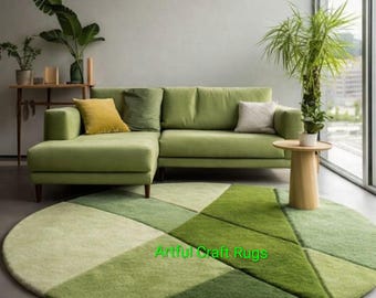 Modern Geometric Green Round Rug, Hand Tufted Wool Area Rug, Abstract Contemporary Living Room Carpet, Nature Inspired Home Decor