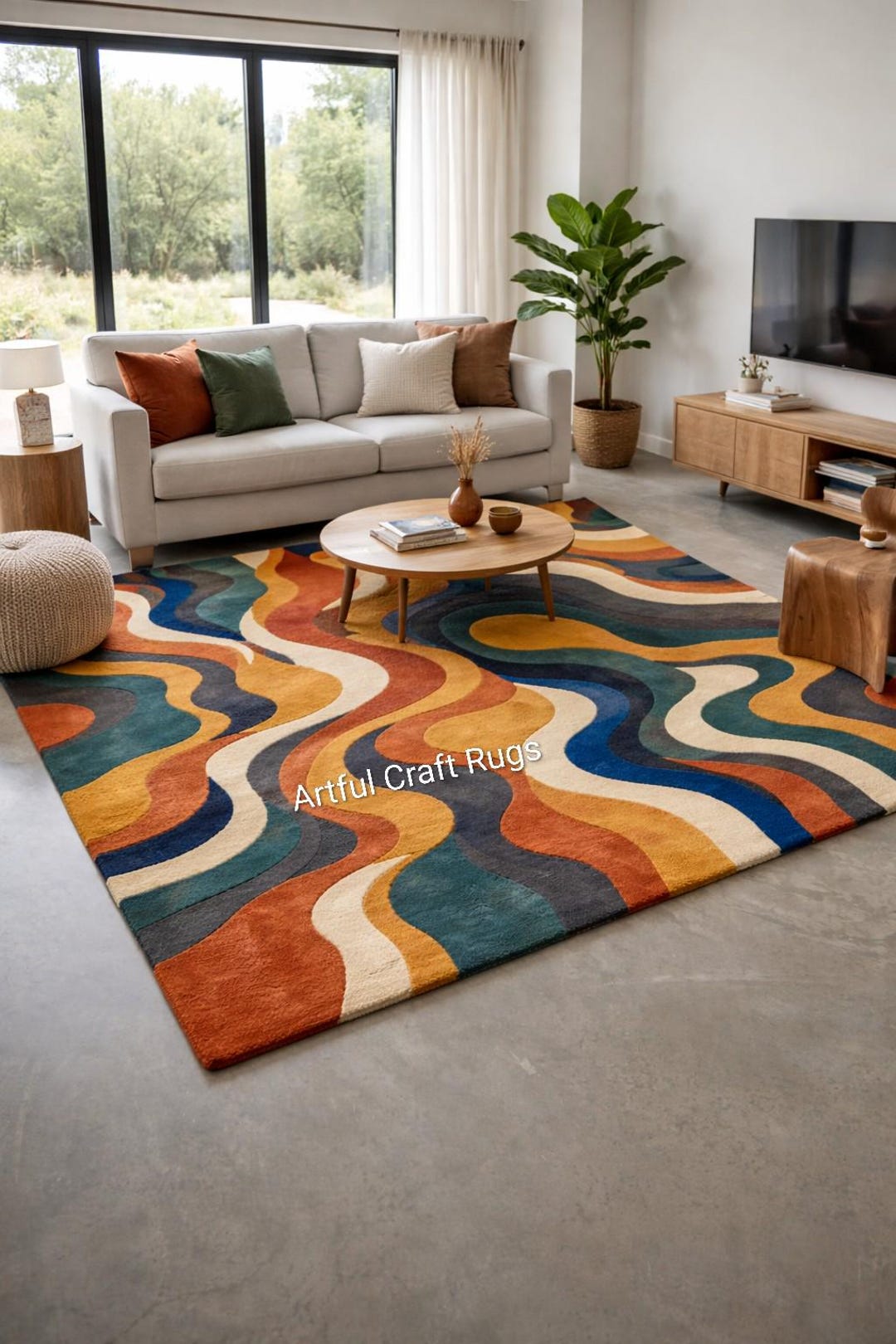 Hand Tufted Abstract Wool Rug, Modern Colorful Wavy Area Rug, Mid ...