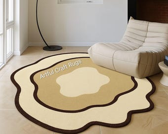 Hand-Tufted Wool Rug | Abstract Beige Brown, Wavy Edge