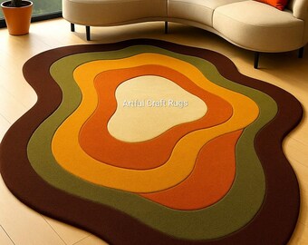 Hand Tufted Abstract Wool Rug, Irregular Organic Shape Area Rug, Modern Earth Tone Carpet, Custom Size Living Room Rug, Handmade