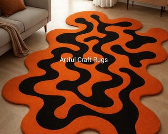 Hand-Tufted Abstract Rug – Orange & Black Wavy Modern Carpet