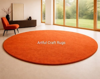 Round Orange Wool Rug | Hand Tufted Modern Minimalist Area Carpet