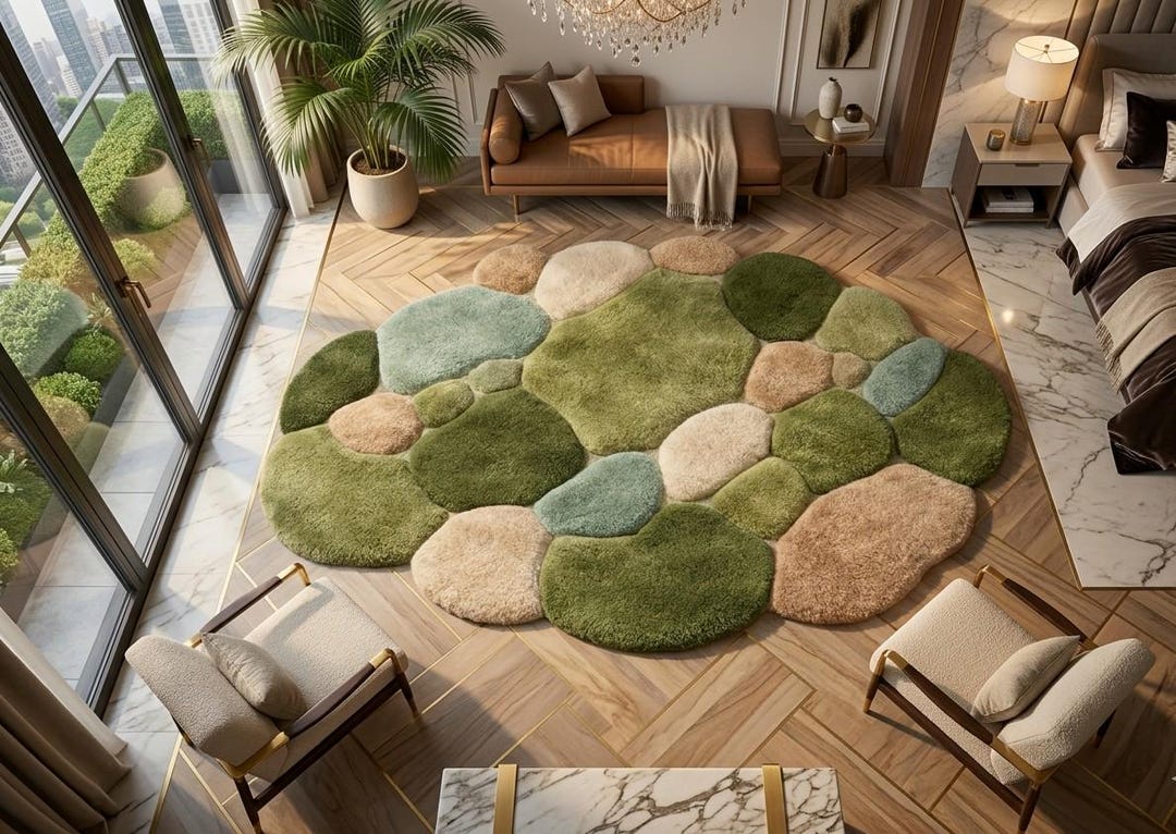 Hand Tufted Pebble Rug, Moss Green Wool Rug, Organic Shape Area Rug ...