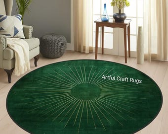 Alfombra redonda de lana tejida a mano / Diseño de rayos de sol verdes