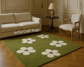 Hand Tufted Wool Rug, Green Floral Daisy Design