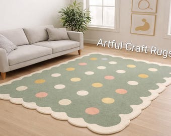 Pastel Polka Dot Scalloped Rug, Hand Tufted Wool Area Rug, Sage Green Kids Room Carpet, Modern Nursery Rug, Soft Custom Shape Rug,