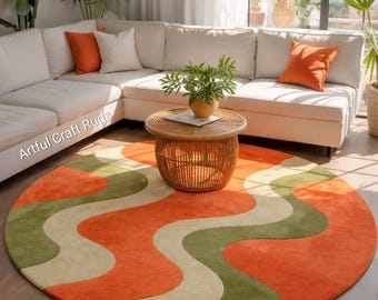 Modern Abstract Round Rug, Hand Tufted Area Rug, Orange Green Wavy Carpet, Contemporary Living Room Rug, Custom Size Boho Floor Rug