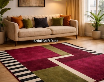 Hand Tufted Geometric Area Rug, Burgundy Green Modern Wool Rug, Abstract Living Room Carpet, Contemporary Handmade Rug