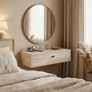 May include: A bedroom scene featuring a round wooden-framed mirror above a floating vanity with a single drawer. The vanity is made of light-colored stone and has a black knob. Makeup and accessories are displayed on the vanity. A bed with neutral-toned bedding is in the foreground.