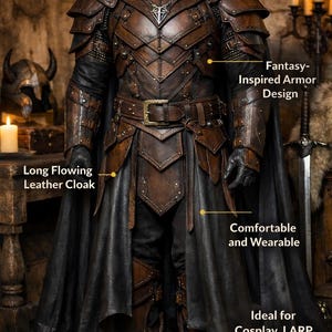 K&ouml;nnte beinhalten: Ein braunes Leder-Umhang- und R&uuml;stungsset mit Fantasy-Design. Das Set beinhaltet einen langen, flie&szlig;enden Umhang, eine detaillierte R&uuml;stung und einen G&uuml;rtel mit Schnalle. Der Text auf dem Bild lautet "Leather Cloak & Armor Set".