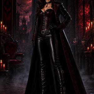May include: A woman in a gothic outfit stands in a dimly lit room. She wears a black leather coat with red trim, a matching corset, and black leather pants and boots. The background features a red moon and a castle.