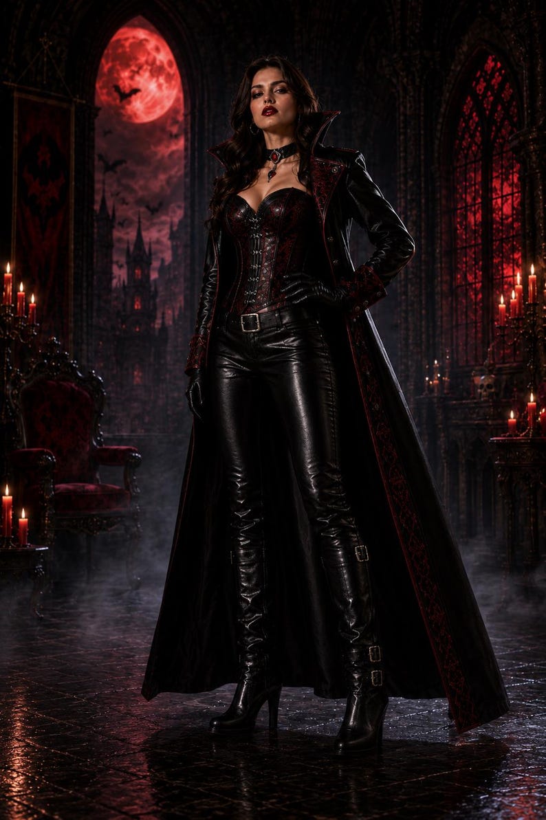 May include: A woman in a gothic outfit stands in a dimly lit room. She wears a black leather coat with red trim, a matching corset, and black leather pants and boots. The background features a red moon and a castle.