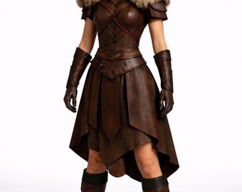 Lederkriegerinnen-Kostüm | Lederpanzerkleid mit Pelzschultern | Mittelalterliches Barbaren-Outfit | Lederkleid im Wikingerstil