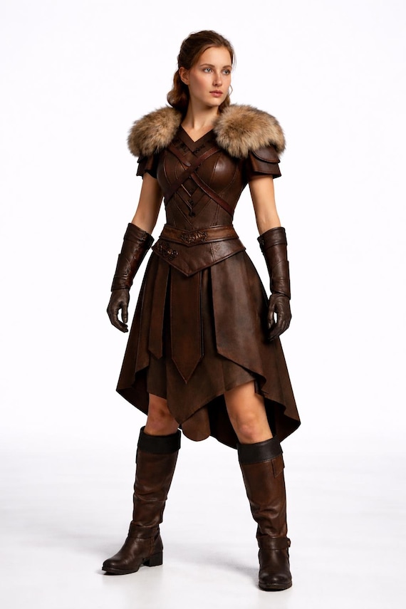 Women’s Leather Warrior Costume | Fur Shoulder Leather Armor Dress | Medieval Barbarian Outfit | Viking Style Leather Dress