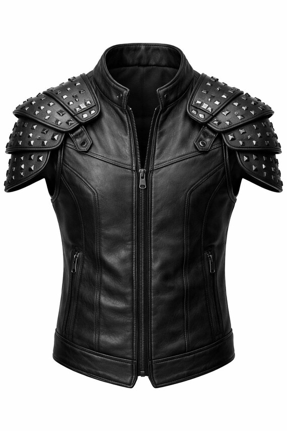 Black Studded Leather Vest with Removable Shoulder Armor – Men’s Biker Punk Gothic Leather Waistcoat – Handmade Real Leather Armor Vest